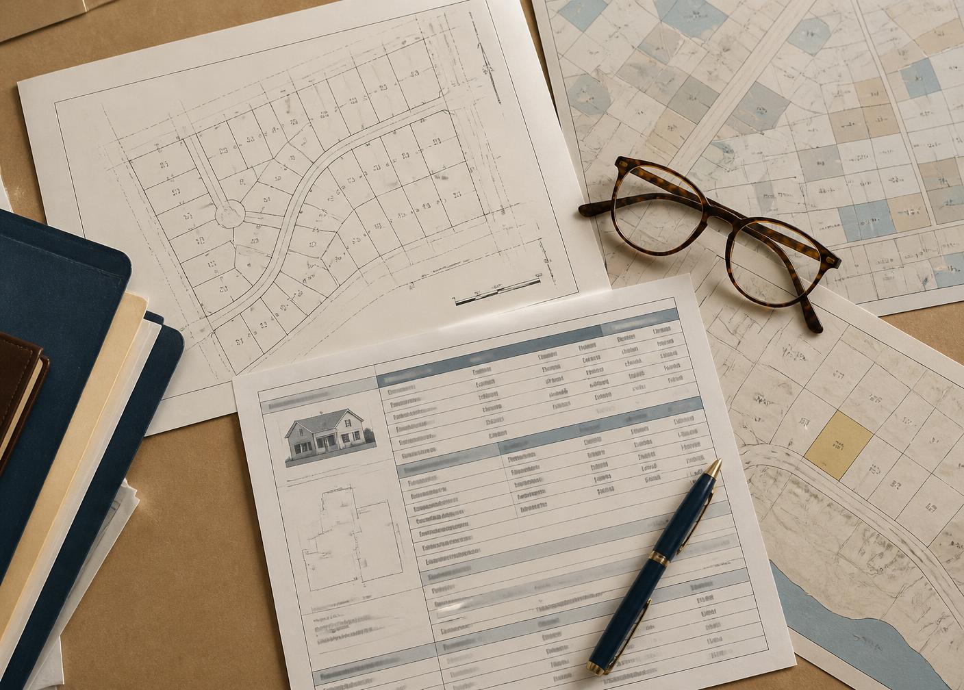 Plat maps, parcel maps and an assessor printout on a desk